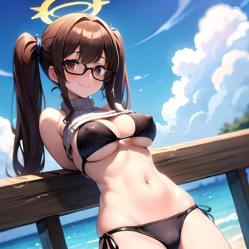 1girl Bikini Black Bikini Blue Archive Blue Sky Breasts Brown Eyes Brown Hair Closed Mouth Clothes Lift Cloud Covered Nipples, 2155004987 - AIHentai - #main