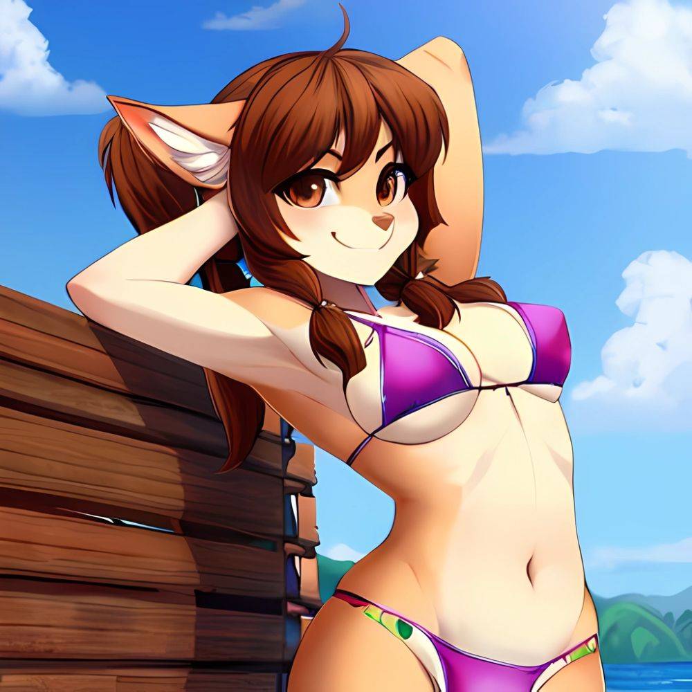 1girl Armpits Arms Behind Head Bikini Brown Eyes Brown Hair Cowboy Shot Dot Nose Flat Chest From Side Hair Ornament, 1871815532 - AIHentai - #main