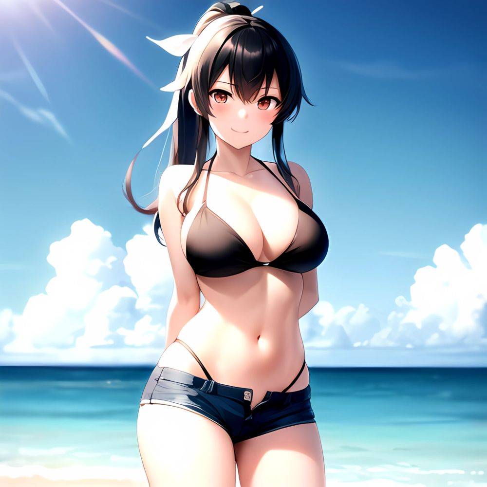 1girl Arms Behind Back Beach Bikini Bikini Under Shorts Black Bikini Black Hair Blurry Blurry Background Breasts Cleavage Closed, 2264499138 - AIHentai - #main