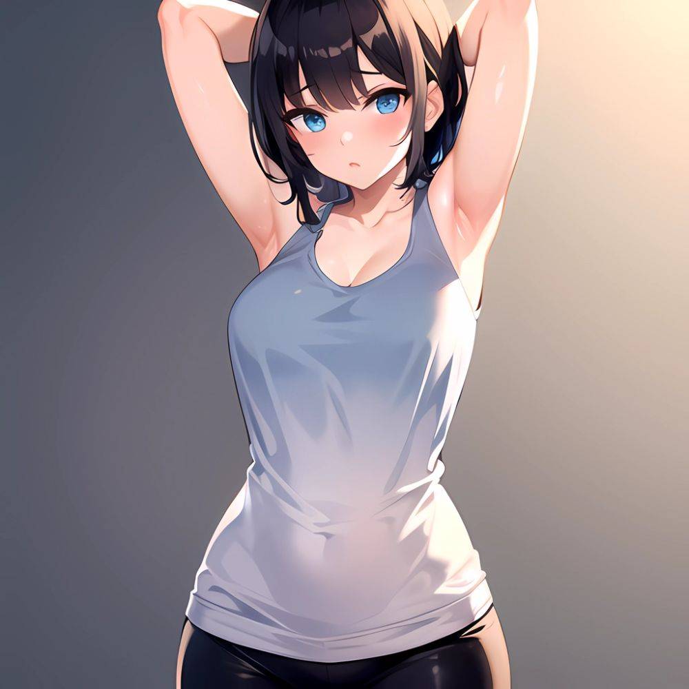 1girl Solo Tank Top Leggings Blue Eyes Standing Fully Clothed Pov Simple Background Arms Behind Head, 3054858073 - AIHentai - #main