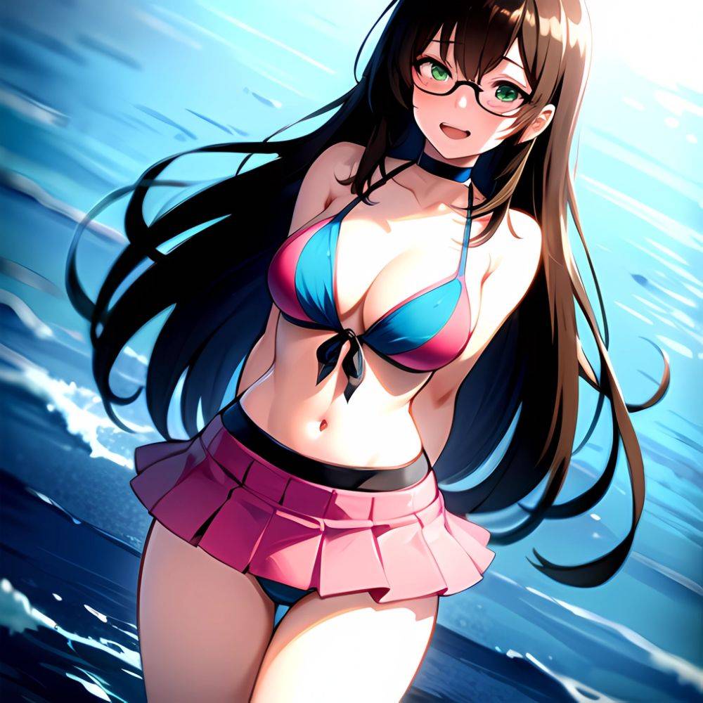 1girl D Bikini Bikini Bottom Aside Bikini Skirt Black Choker Blush Breasts Brown Hair Choker Cleavage Clothing Aside Front Tie, 2288334916 - AIHentai - #main