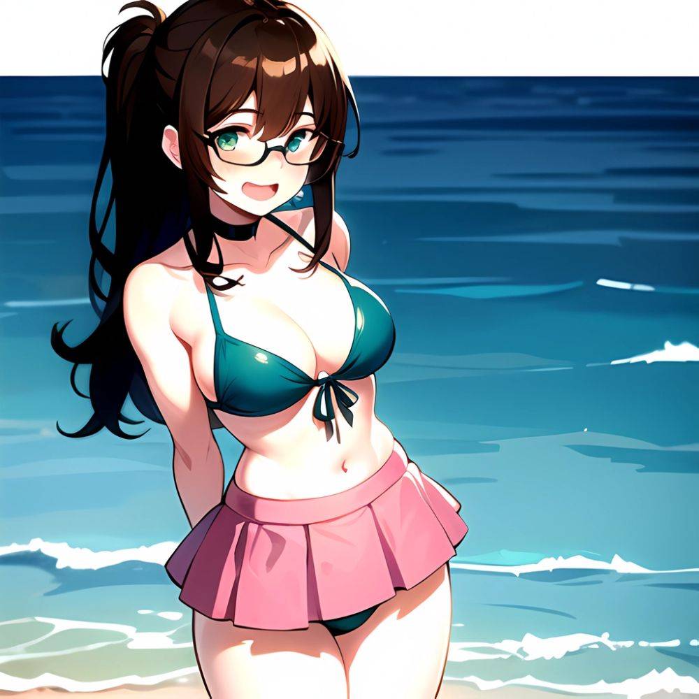 1girl D Bikini Bikini Bottom Aside Bikini Skirt Black Choker Blush Breasts Brown Hair Choker Cleavage Clothing Aside Front Tie, 3799129325 - AIHentai - #main