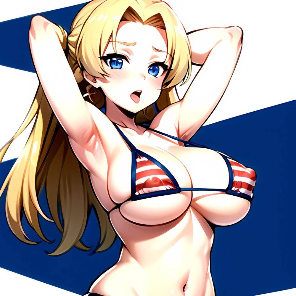 1girl American Flag Bikini Armpits Arms Behind Head Bikini Blonde Hair Blue Eyes Blush Breasts Covered Erect Nipples Flag Print, 3882127120 - AIHentai - #main