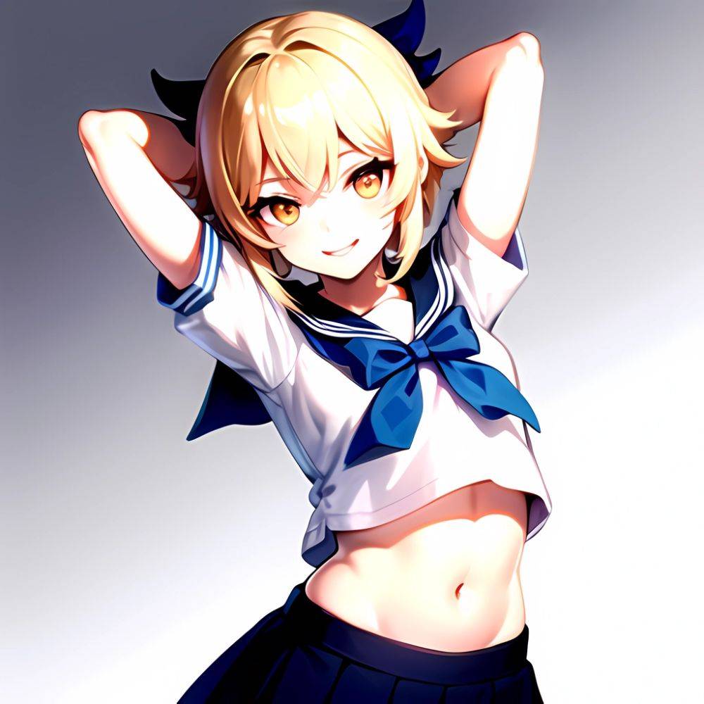 1girl Arms Up Arms Behind Head Blonde Hair Blue Skirt Bow Crop Top Crop Top Overhang Genshin Impact Gradient Background, 614150079 - AIHentai - #main