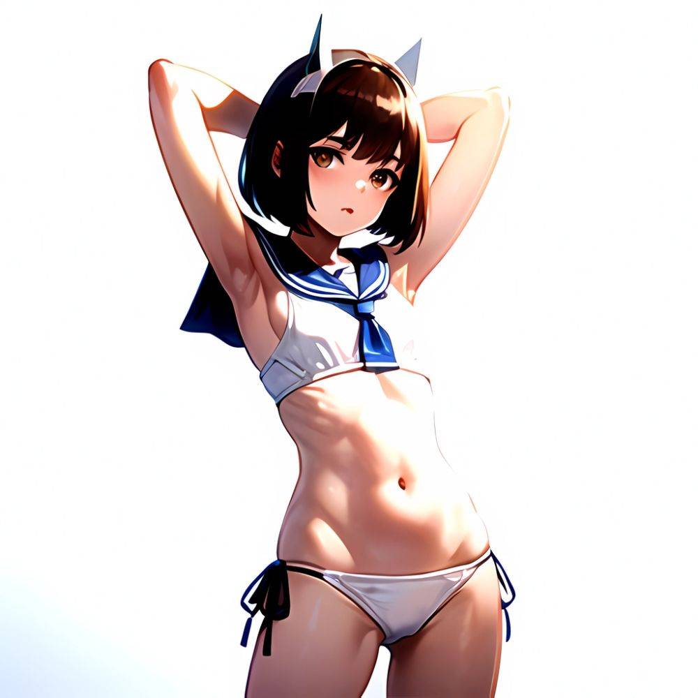 1girl Arms Up Arms Behind Head Bikini Bob Cut Brown Eyes Brown Hair Cosplay Cowboy Shot Flat Chest Headgear Inverted, 2136610720 - AIHentai - #main