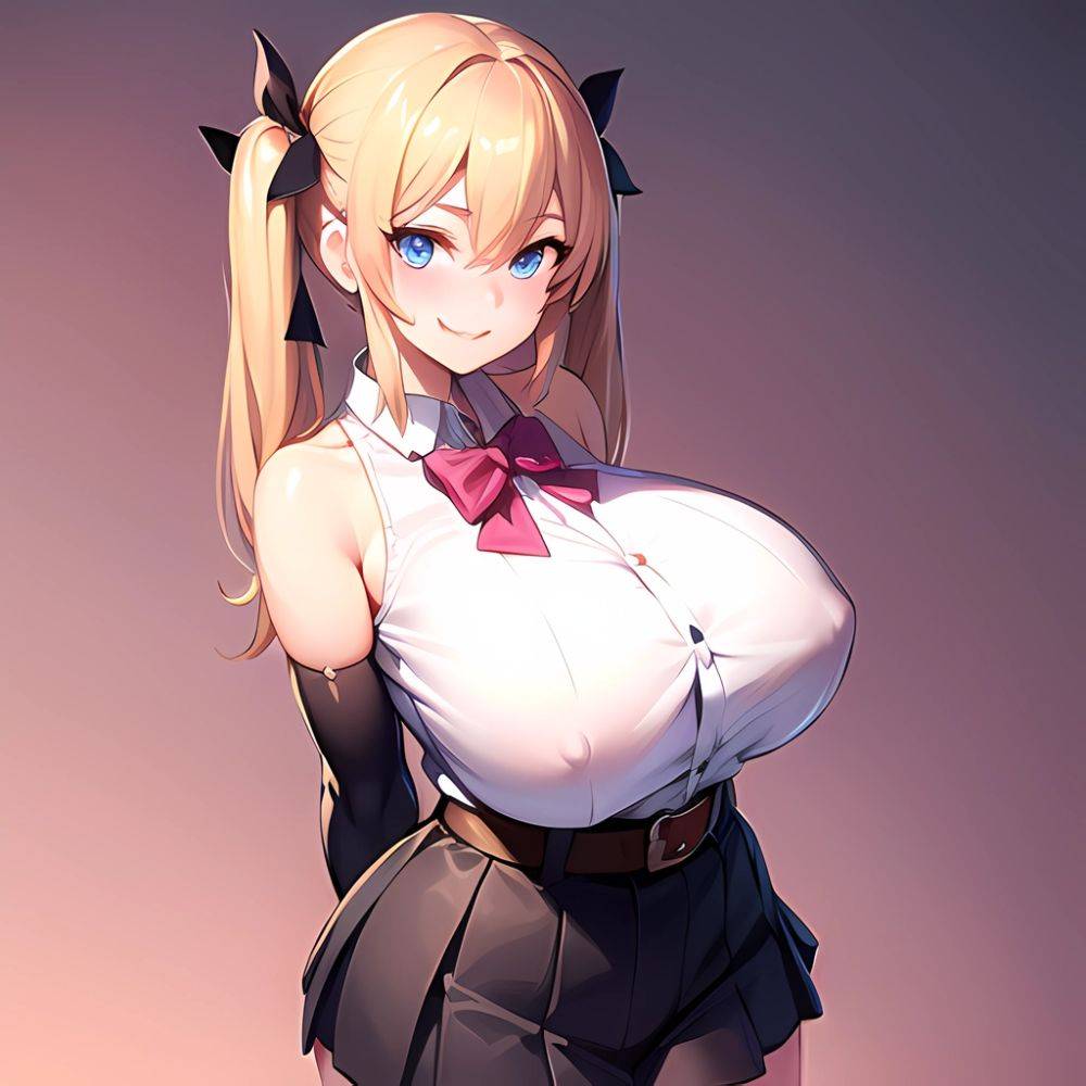 1girl Aymusk Belt Black Skirt Blonde Hair Blue Eyes Blush Bow Bowtie Breasts Curvy Elbow Gloves Fang Gloves Gradient Background, 2614734470 - AIHentai - #main