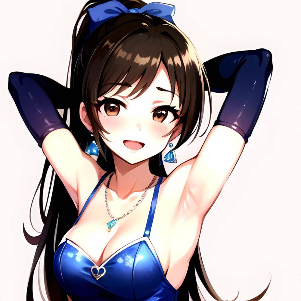 1girl Absurdres Armpits Arms Up Ayase Honoka Black Gloves Blue Bow Blue Dress Blush Bow Breasts Brown Eyes Brown Hair, 4016411931 - AIHentai - #main