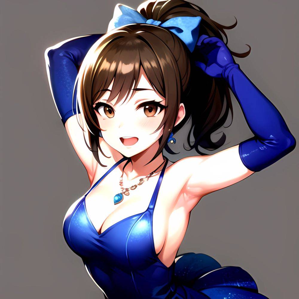 1girl Absurdres Armpits Arms Up Ayase Honoka Black Gloves Blue Bow Blue Dress Blush Bow Breasts Brown Eyes Brown Hair, 2740355638 - AIHentai - #main