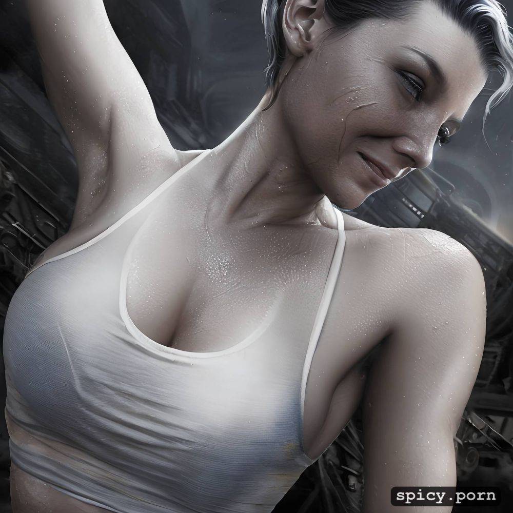 big smile, evangeline lilly, hands behind her head, super sweaty - #main