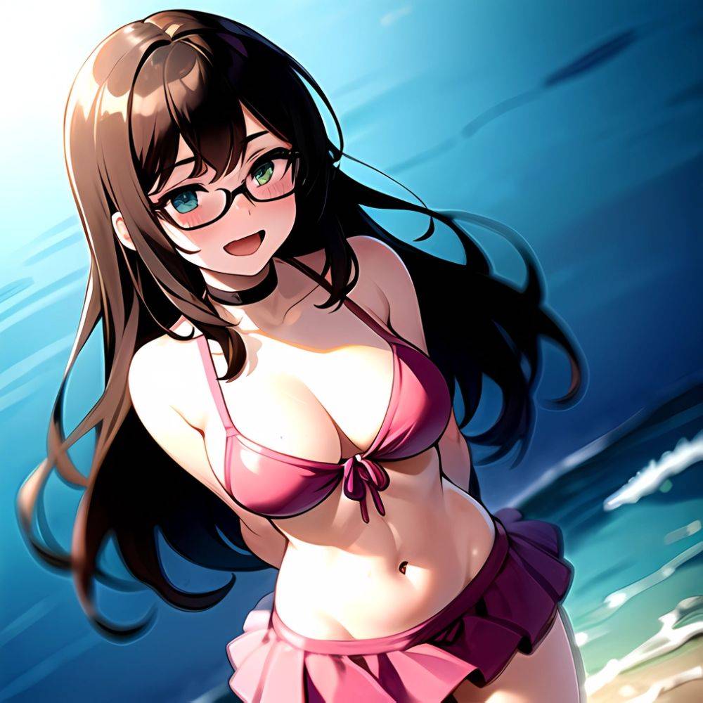 1girl D Bikini Bikini Bottom Aside Bikini Skirt Black Choker Blush Breasts Brown Hair Choker Cleavage Clothing Aside Front Tie, 3769938961 - AIHentai - #main