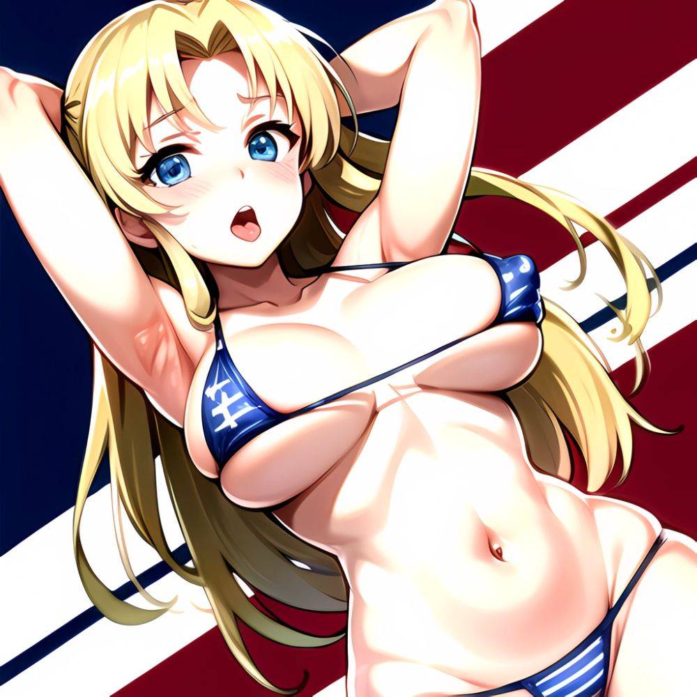 1girl American Flag Bikini Armpits Arms Behind Head Bikini Blonde Hair Blue Eyes Blush Breasts Covered Erect Nipples Flag Print, 810329605 - AIHentai - #main