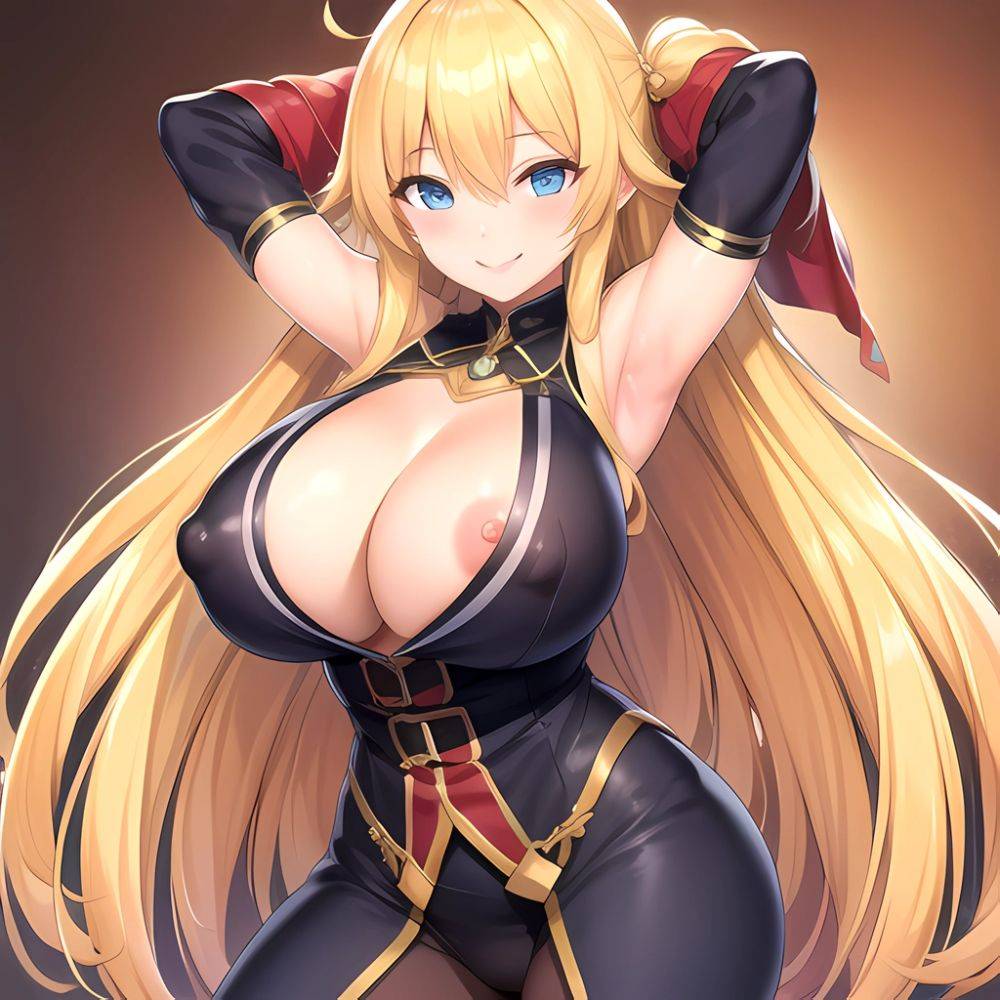 1girl Blonde Hair Breasts Cleavage Grenadier Manga Haganef Huge Breasts Long Hair Nipples Pussy Smile Tendou Rushuna Arms Behind, 2025557206 - AIHentai - #main