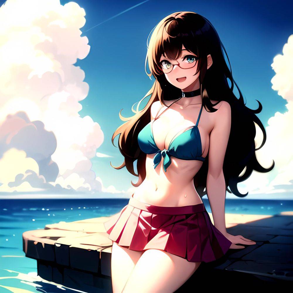 1girl D Bikini Bikini Bottom Aside Bikini Skirt Black Choker Blush Breasts Brown Hair Choker Cleavage Clothing Aside Front Tie, 3907767536 - AIHentai - #main