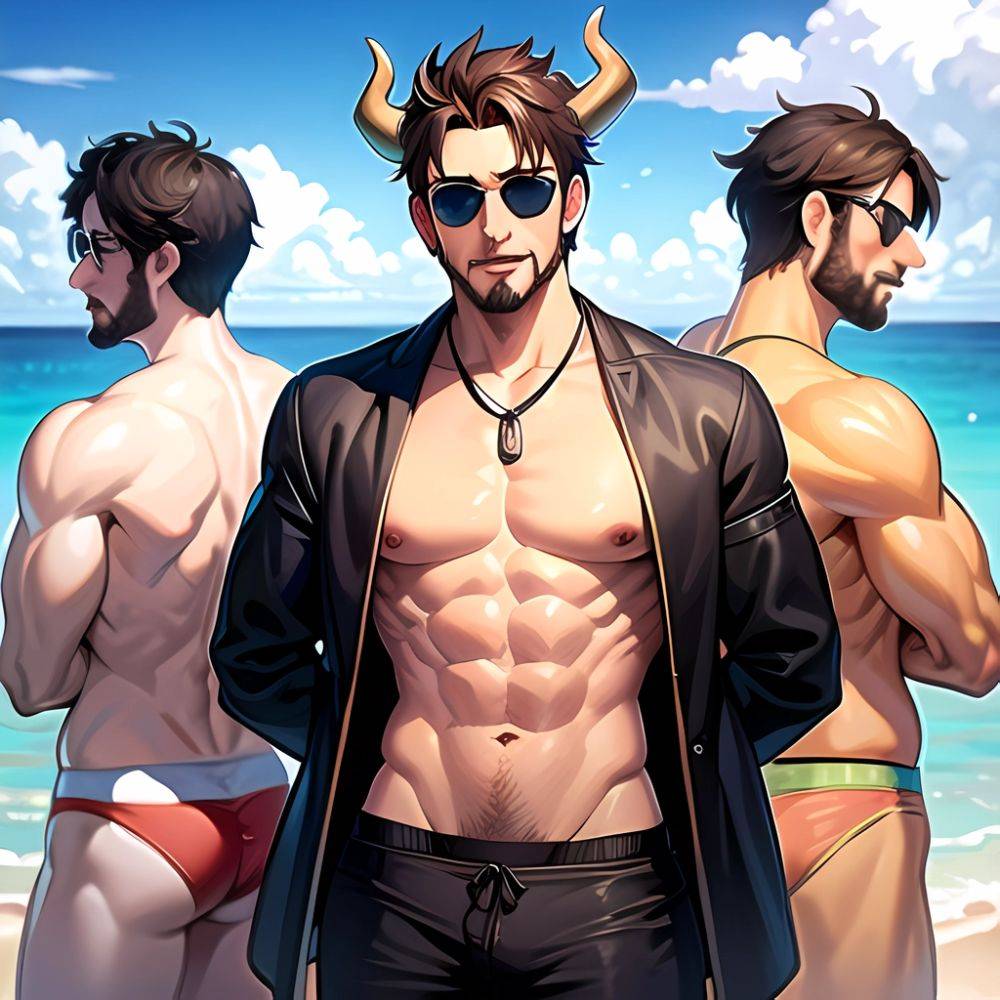 Abs Adjusting Eyewear Atlas Vos Bara Beach Bracelet Brown Eyes Brown Hair Bulge Collarbone Commission Cow Horns Dark Skinned Mal, 1032639160 - AIHentai - #main