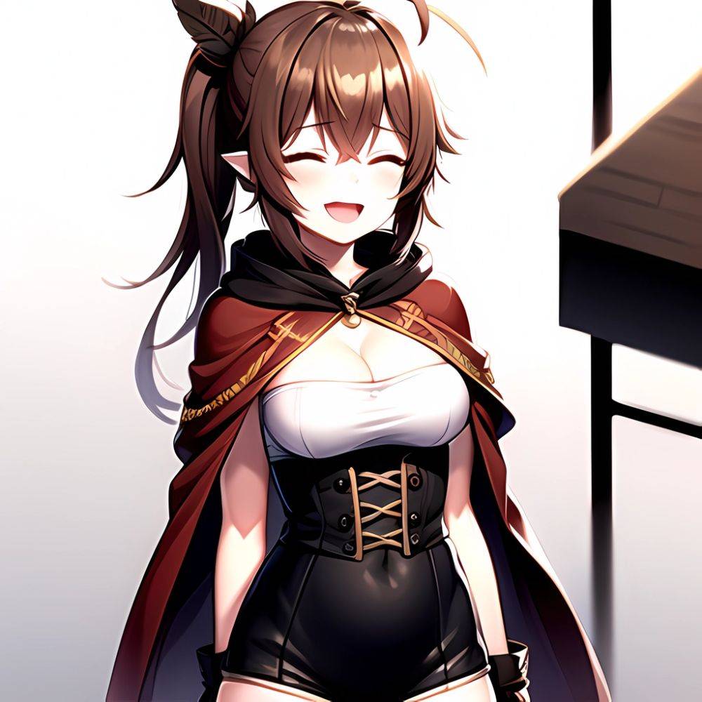1girl D Ahoge Blush Brown Capelet Brown Cloak Brown Hair Capelet Cleavage Cutout Cloak Closed Eyes Clothing Cutout Crossed Bangs, 3566121100 - AIHentai - #main