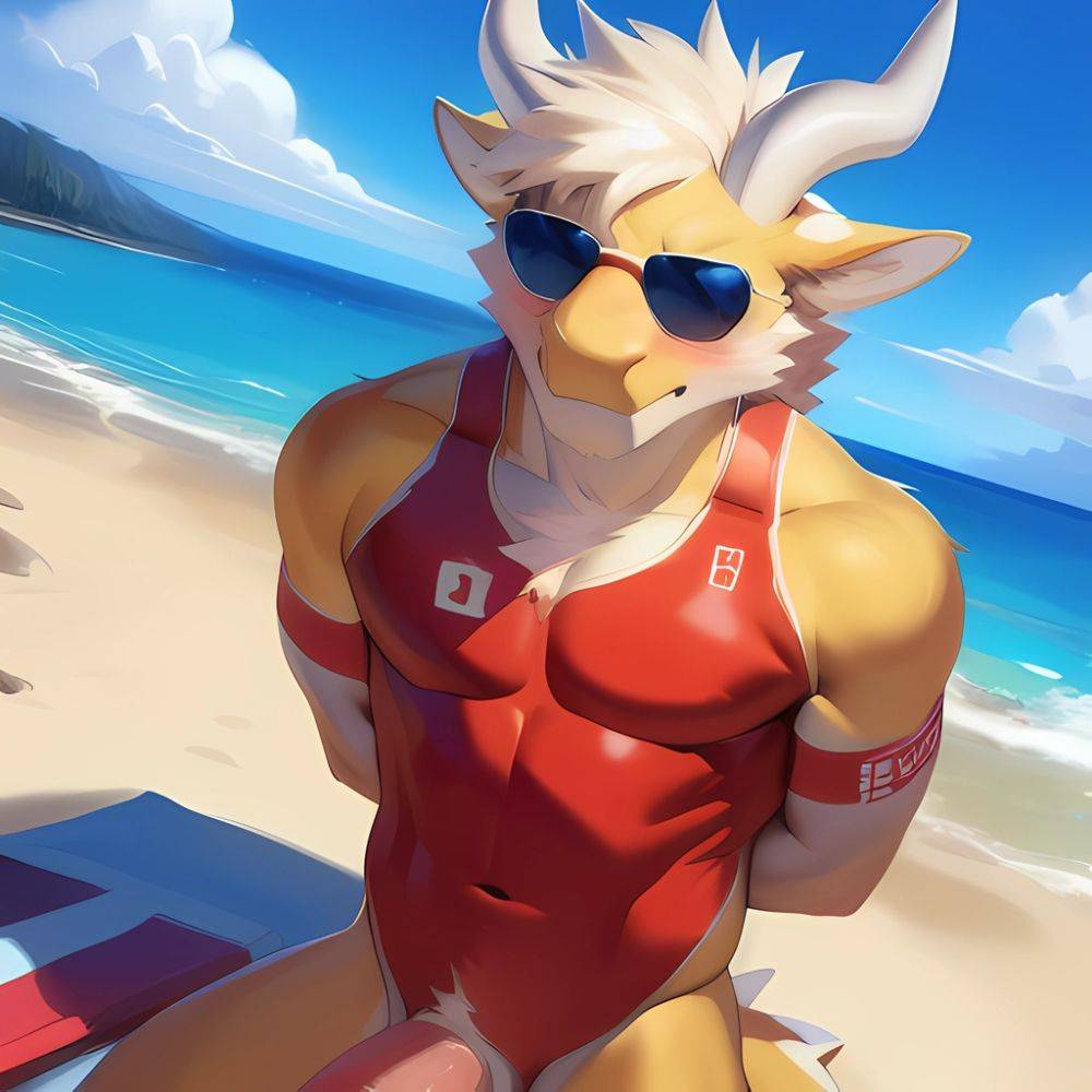 Male Anthro Muscle Kemono Dragon Penis Hard Penis Yellow Body Blush Lifeguard Sunglasses Beach White Mane Horns Chunie Meesh Kiy, 1228497532 - AIHentai - #main