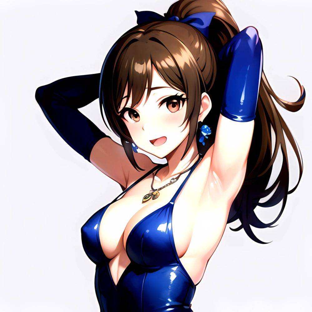 1girl Absurdres Armpits Arms Up Ayase Honoka Black Gloves Blue Bow Blue Dress Blush Bow Breasts Brown Eyes Brown Hair, 2601247609 - AIHentai - #main