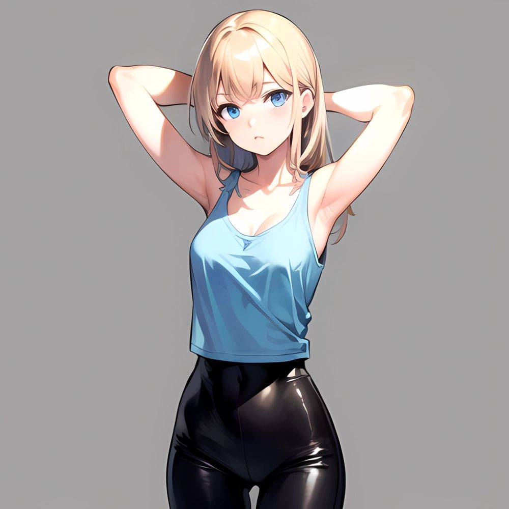 1girl Solo Tank Top Leggings Blue Eyes Standing Fully Clothed Pov Simple Background Arms Behind Head, 186840681 - AIHentai - #main