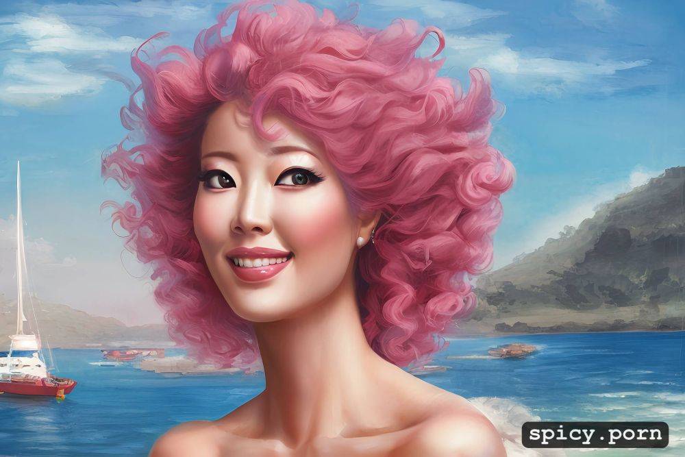 centered, curly hair, pastel colors, yacht, 80s, japanese lady - #main