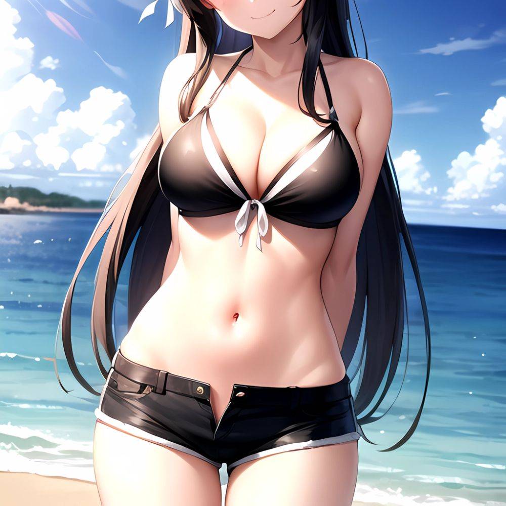 1girl Arms Behind Back Beach Bikini Bikini Under Shorts Black Bikini Black Hair Blurry Blurry Background Breasts Cleavage Closed, 1783277999 - AIHentai - #main