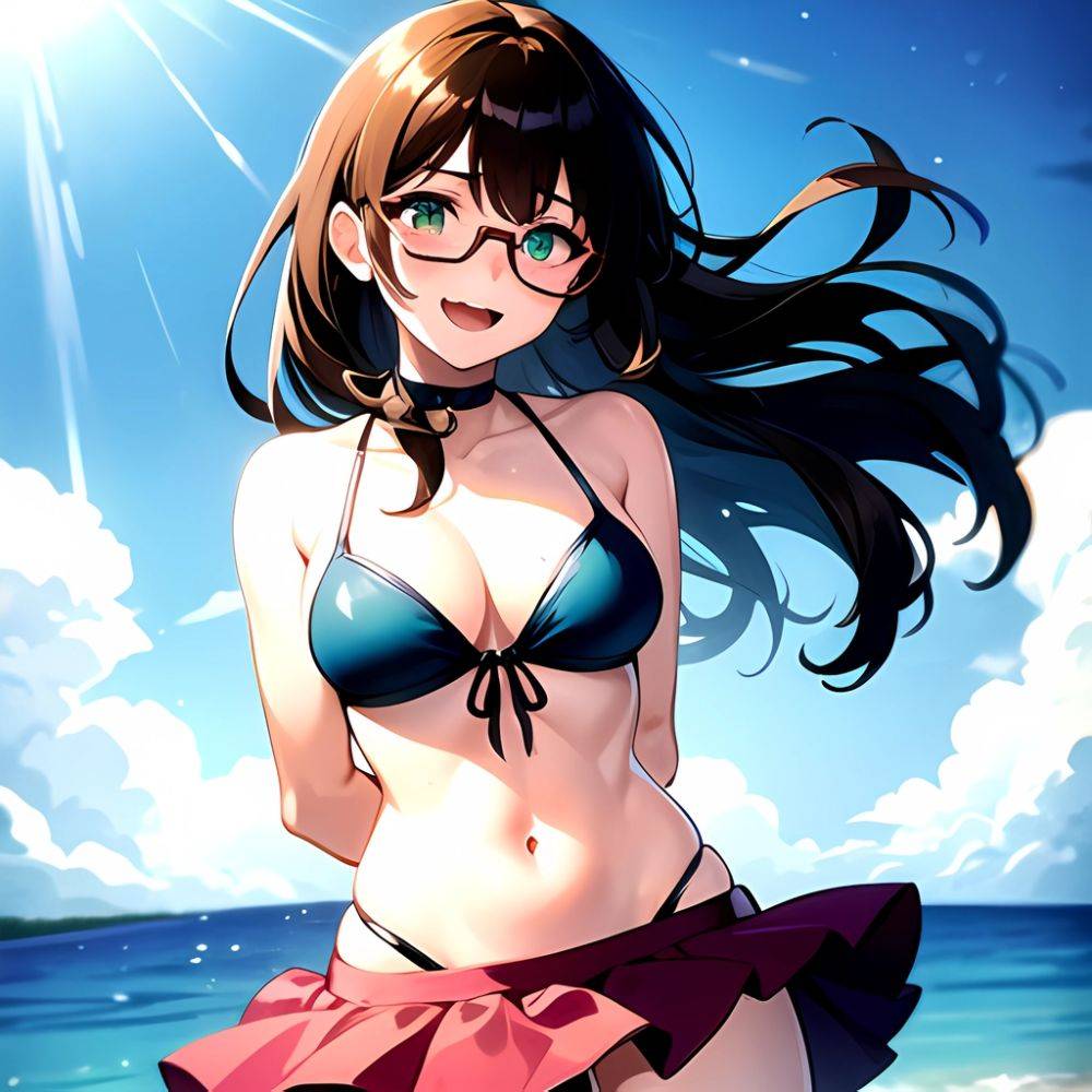 1girl D Bikini Bikini Bottom Aside Bikini Skirt Black Choker Blush Breasts Brown Hair Choker Cleavage Clothing Aside Front Tie, 559056510 - AIHentai - #main