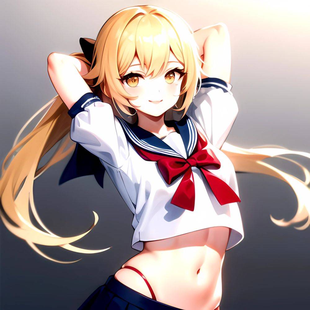 1girl Arms Up Arms Behind Head Blonde Hair Blue Skirt Bow Crop Top Crop Top Overhang Genshin Impact Gradient Background, 2131306126 - AIHentai - #main