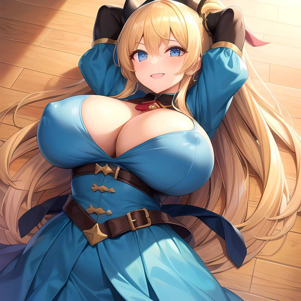 1girl Blonde Hair Breasts Cleavage Grenadier Manga Haganef Huge Breasts Long Hair Nipples Pussy Smile Tendou Rushuna Arms Behind, 139060488 - AIHentai - #main