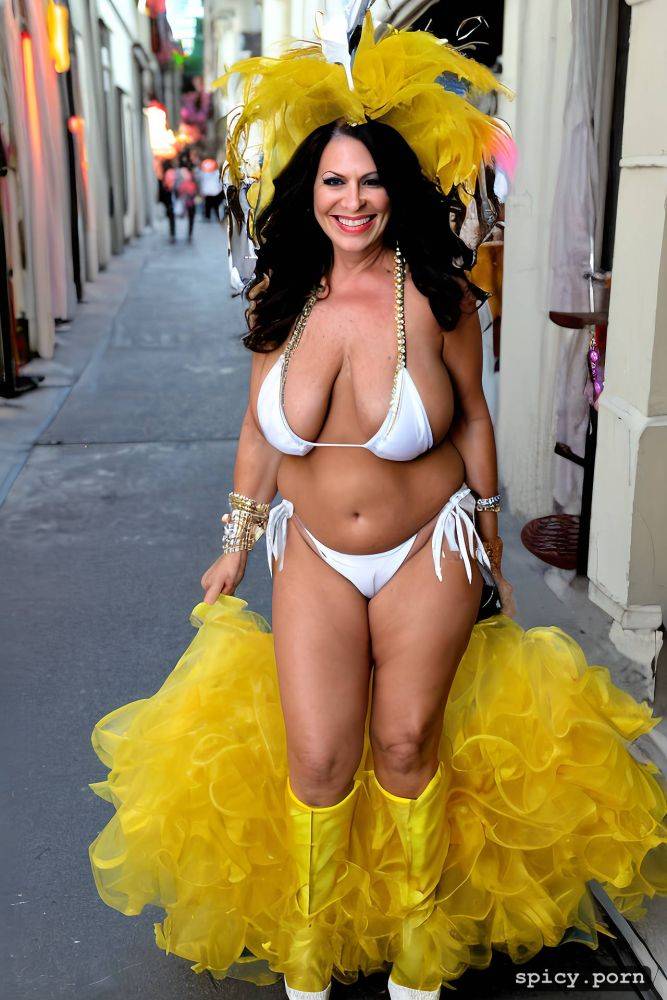 color portrait, long hair, 50 yo beautiful performing white mardi gras street dancer - #main