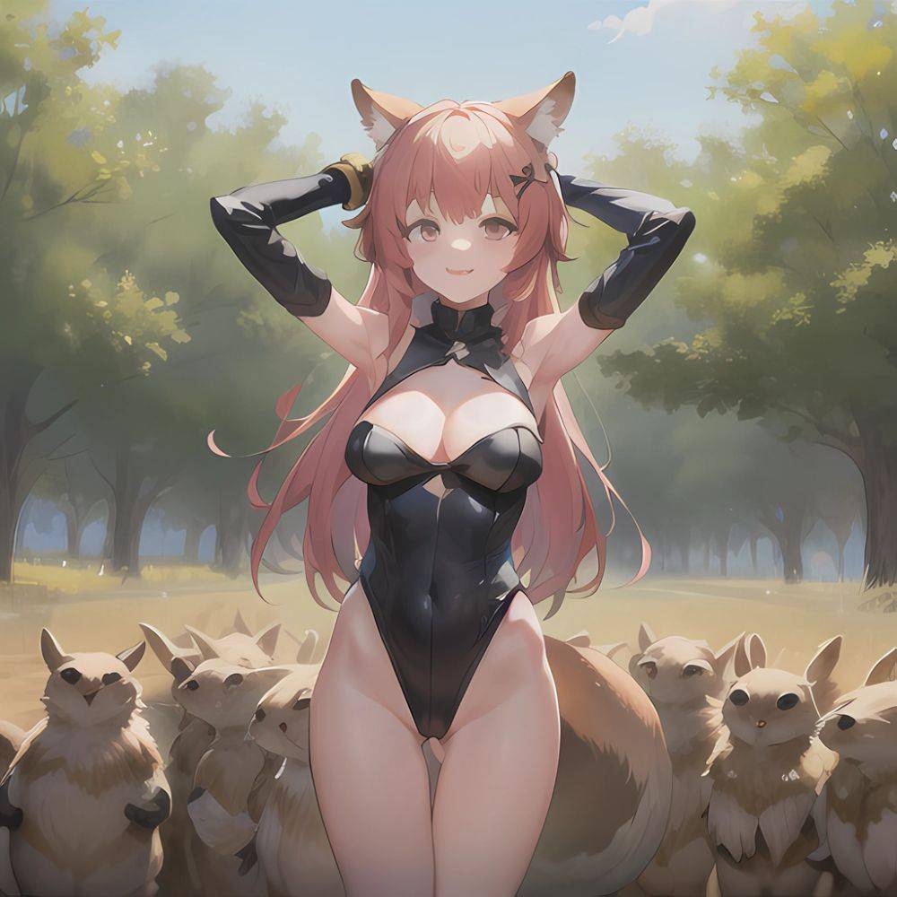 1girl Absurdres Animal Ear Fluff Animal Ears Arknights Arms Behind Head Chest Armor Covered Navel Gravel Arknights Highleg Highl, 1593871704 - AIHentai - #main