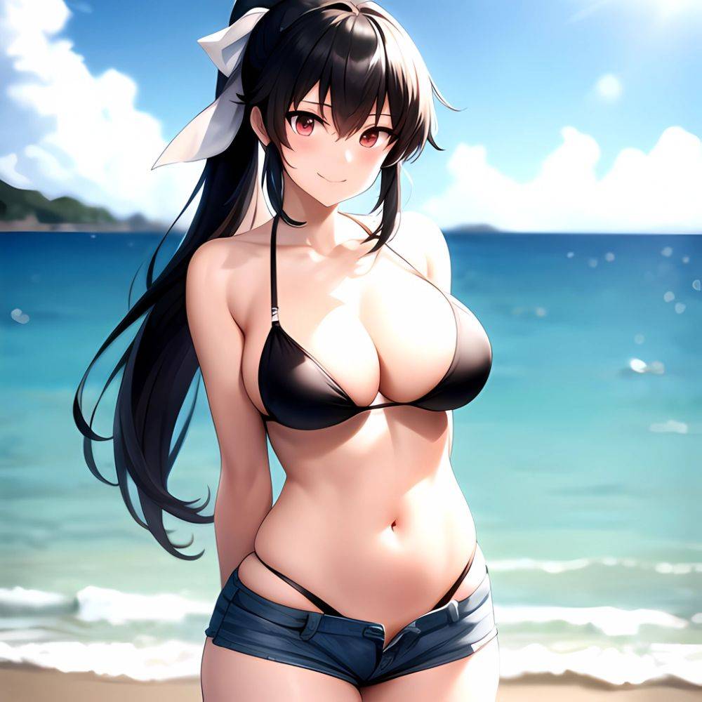 1girl Arms Behind Back Beach Bikini Bikini Under Shorts Black Bikini Black Hair Blurry Blurry Background Breasts Cleavage Closed, 575469253 - AIHentai - #main