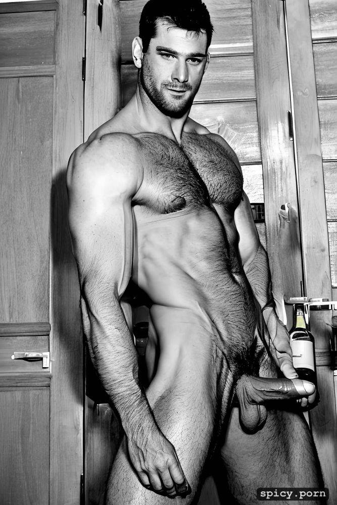 true alphaman, blond nordic type everyone can notice his symmetrical ripped eightpack abs and big white dick he is comparing to the bottle of wine photo is hyperrealistic taken with the best lens canon eos r5 rf 24 105mm - #main