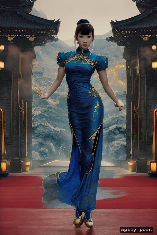 small tits with big hips, long dark blue dress, shaolin kung fu - #main