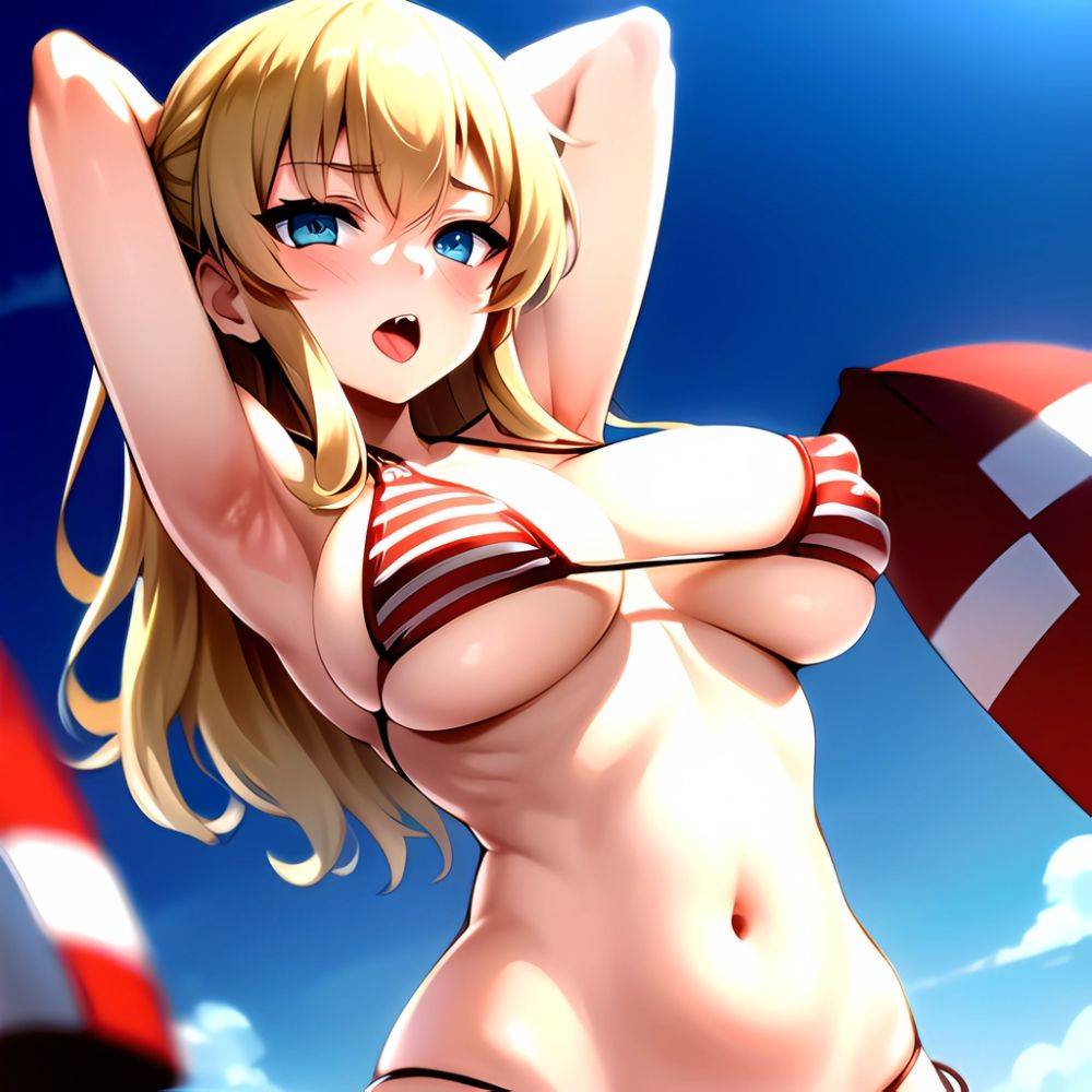 1girl American Flag Bikini Armpits Arms Behind Head Bikini Blonde Hair Blue Eyes Blush Breasts Covered Erect Nipples Flag Print, 80984621 - AIHentai - #main