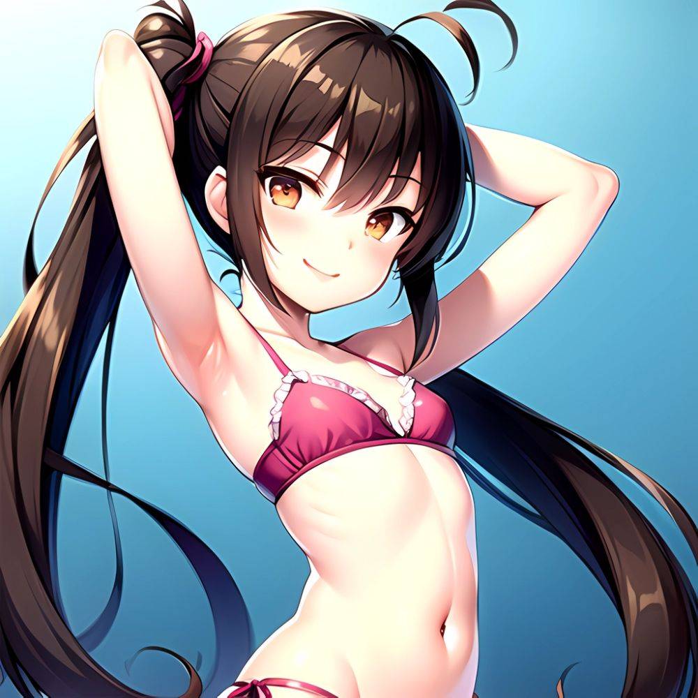 1girl Armpits Arms Behind Head Bikini Brown Eyes Brown Hair Cowboy Shot Dot Nose Flat Chest From Side Hair Ornament, 1637503066 - AIHentai - #main