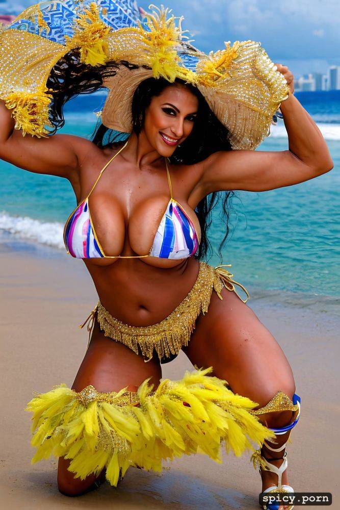 color portrait, long hair, 26 yo beautiful performing white rio carnival dancer at copacabana beach - #main