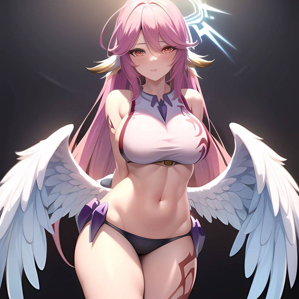 Jibril Anime Absurdres Long Hair Pink Hair Halo Large Breasts Tattoo Cleavage Sideboob Midriff Asymmetrical Legwear Mismatched L, 2141631321 - AIHentai - #main