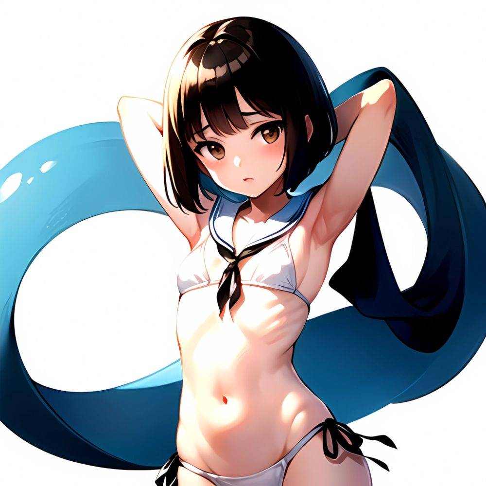 1girl Arms Up Arms Behind Head Bikini Bob Cut Brown Eyes Brown Hair Cosplay Cowboy Shot Flat Chest Headgear Inverted, 3610091460 - AIHentai - #main