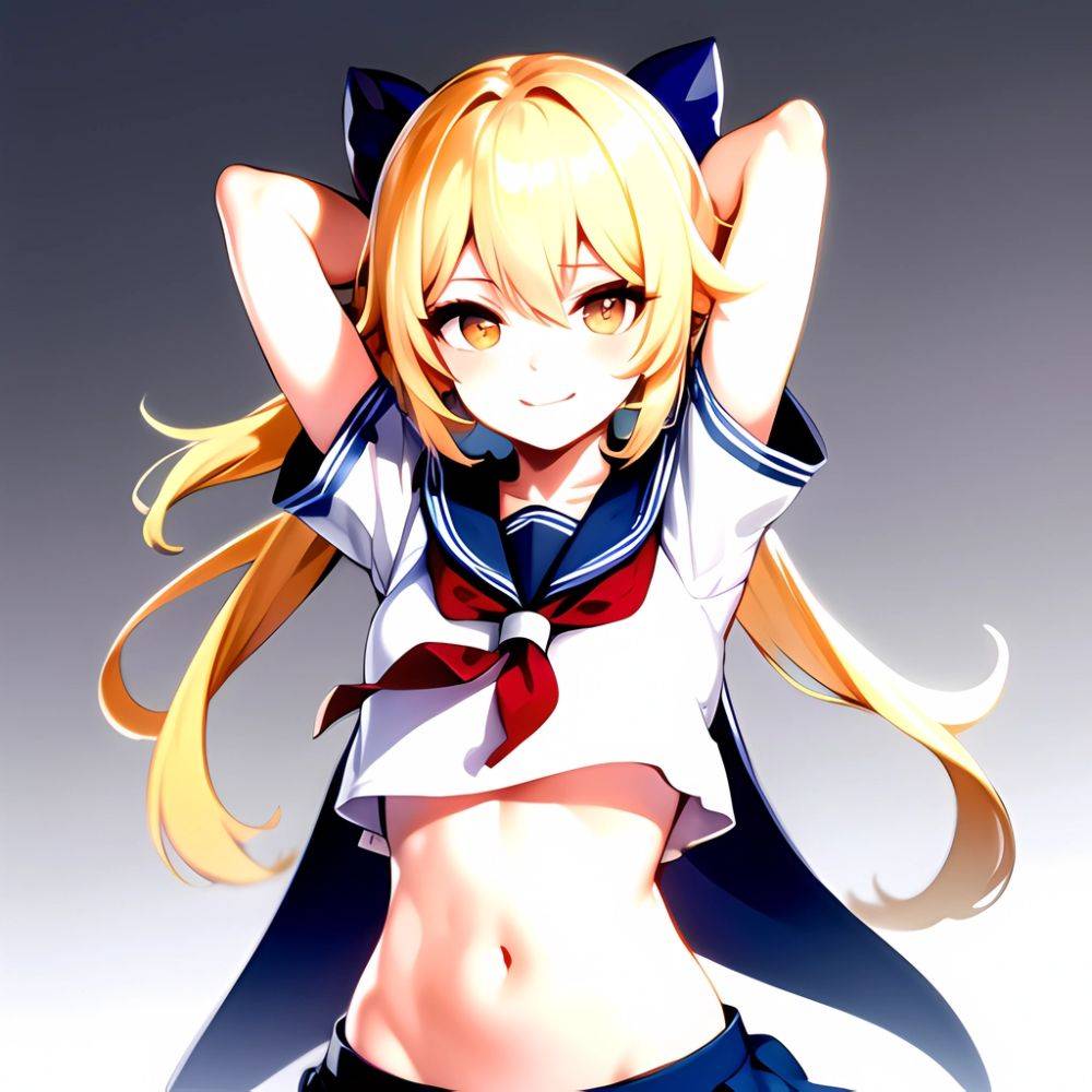 1girl Arms Up Arms Behind Head Blonde Hair Blue Skirt Bow Crop Top Crop Top Overhang Genshin Impact Gradient Background, 3625226337 - AIHentai - #main