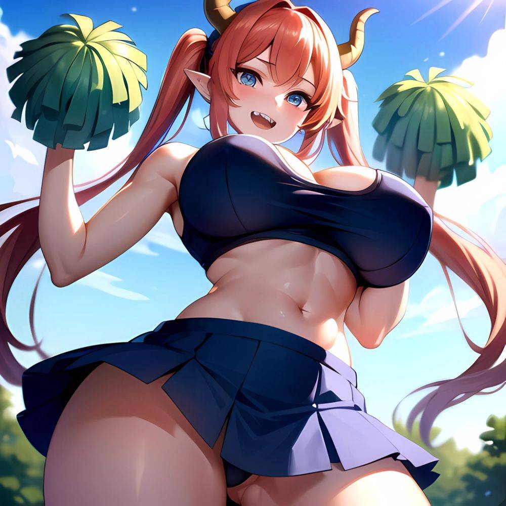 1girl Absurdres Blue Skirt Bluefrok Breasts Cheerleader Dragon Girl Dragon Horns Highres Holding Holding Pom Poms Horns Huge Bre, 1536467896 - AIHentai - #main
