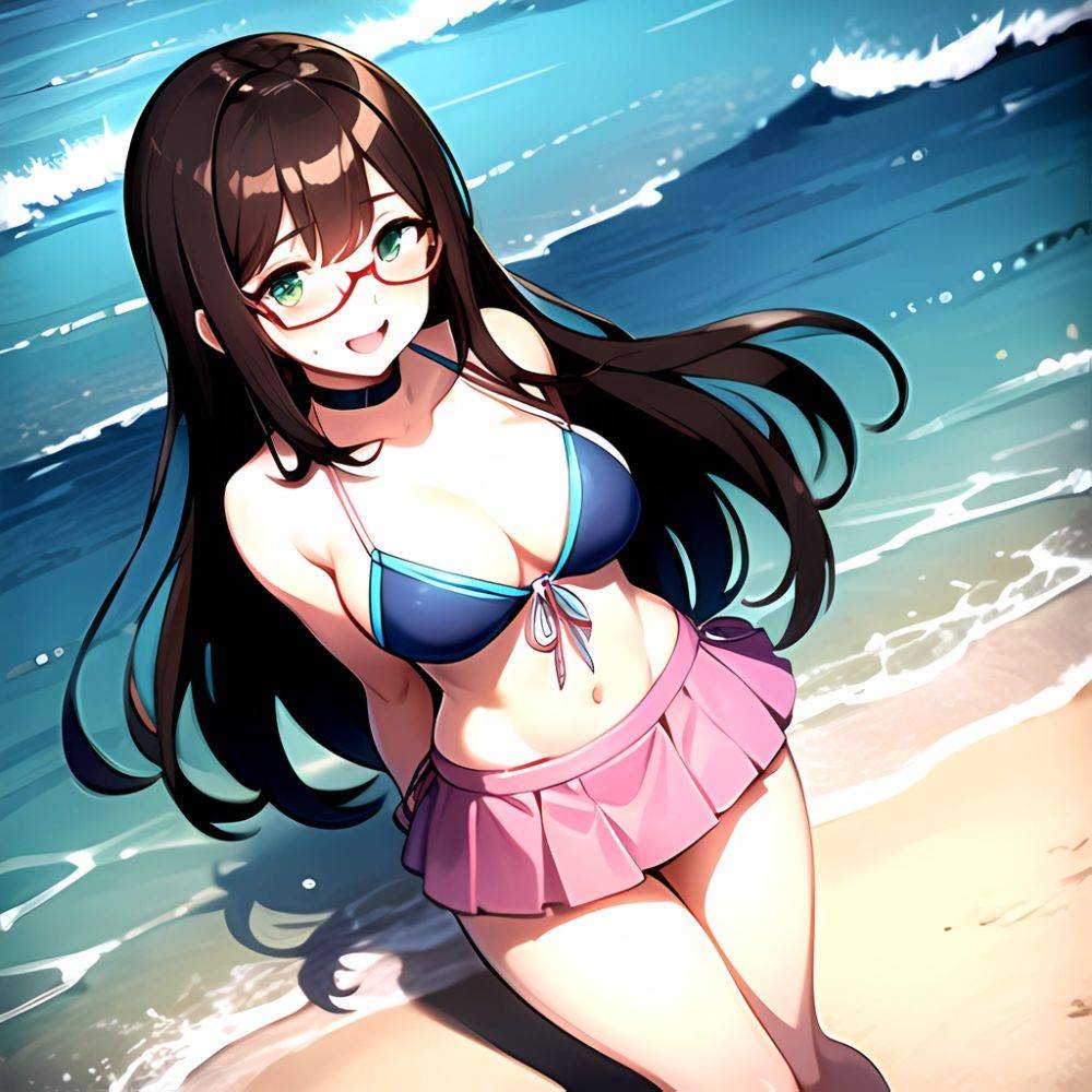 1girl D Bikini Bikini Bottom Aside Bikini Skirt Black Choker Blush Breasts Brown Hair Choker Cleavage Clothing Aside Front Tie, 3688389992 - AIHentai - #main