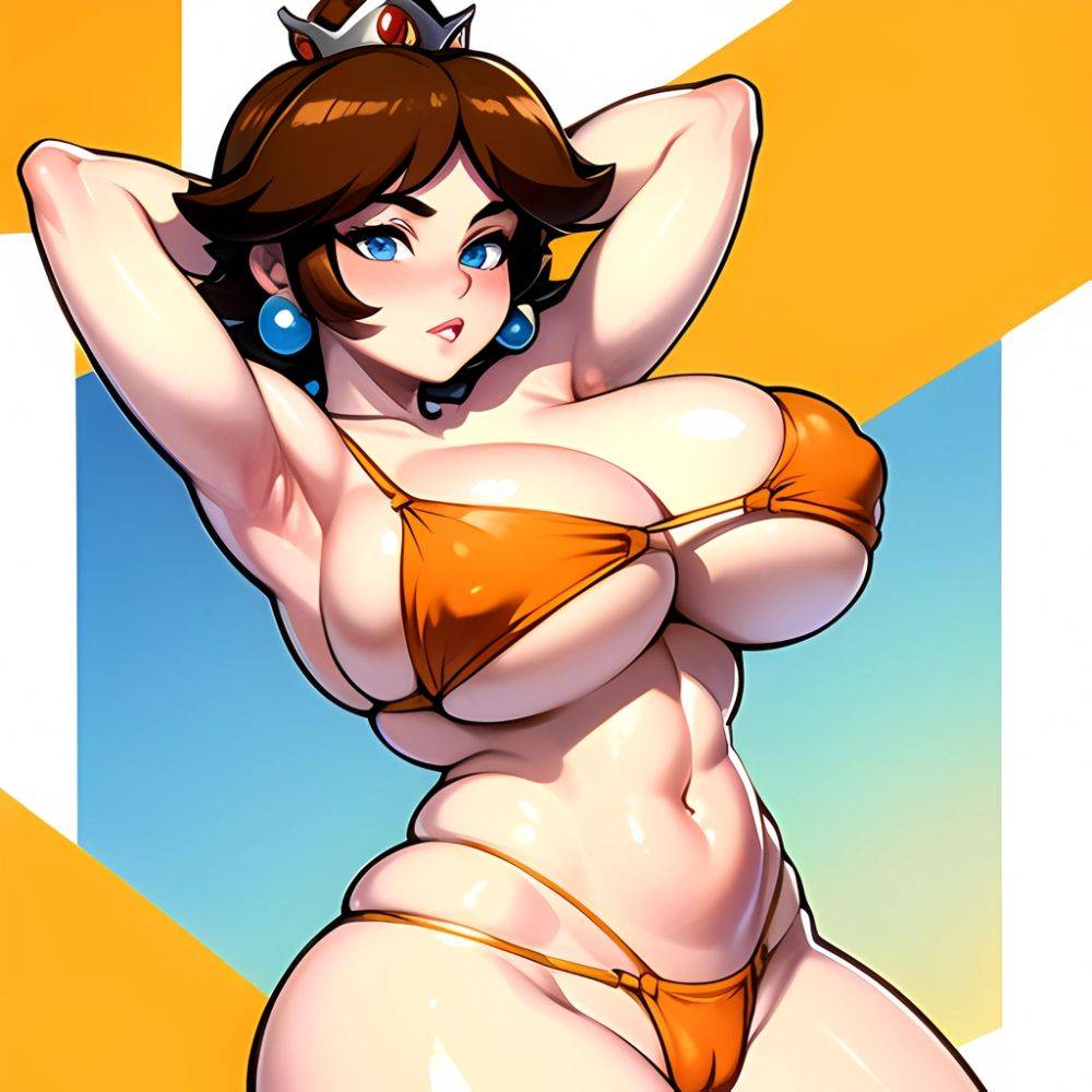 1girl Areola Slip Armpits Arms Behind Head Bikini Blue Eyes Blush Breasts Brown Hair Cleavage Huge Breasts Legs Mario Series, 1830941178 - AIHentai - #main