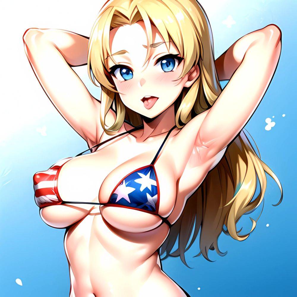 1girl American Flag Bikini Armpits Arms Behind Head Bikini Blonde Hair Blue Eyes Blush Breasts Covered Erect Nipples Flag Print, 2946471699 - AIHentai - #main