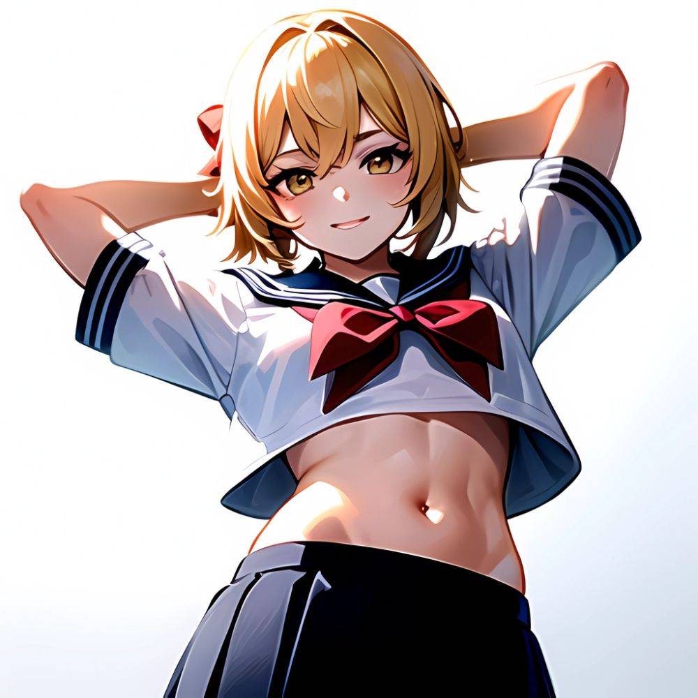 1girl Arms Up Arms Behind Head Blonde Hair Blue Skirt Bow Crop Top Crop Top Overhang Genshin Impact Gradient Background, 2967049648 - AIHentai - #main