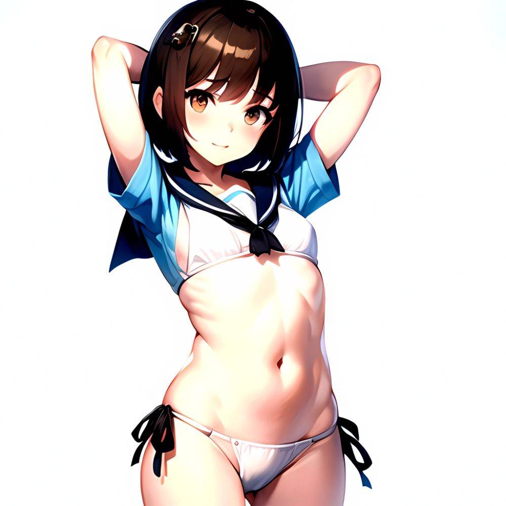 1girl Arms Up Arms Behind Head Bikini Bob Cut Brown Eyes Brown Hair Cosplay Cowboy Shot Flat Chest Headgear Inverted, 3259991172 - AIHentai - #main