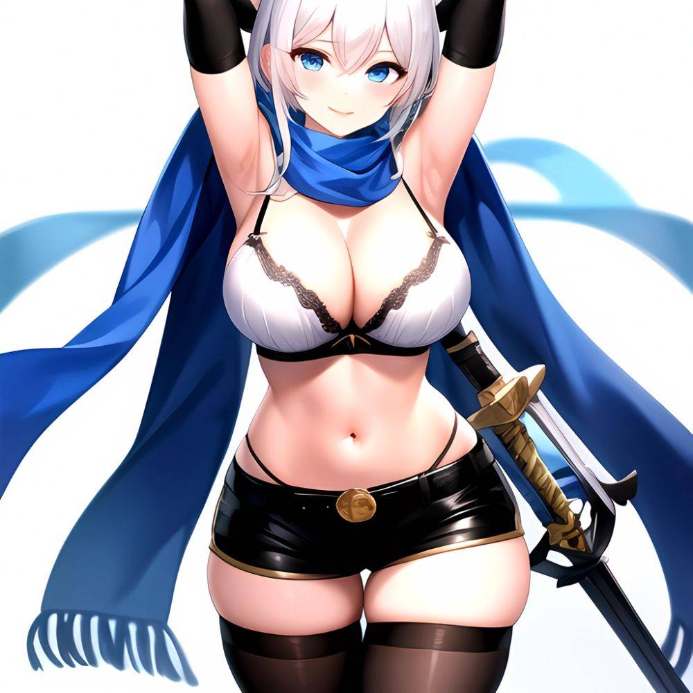 1girl Armpits Arms Behind Head Belt Black Bra Black Gloves Black Pantyhose Blue Eyes Blurry Blurry Background Bra Breasts Curvy, 272146449 - AIHentai - #main