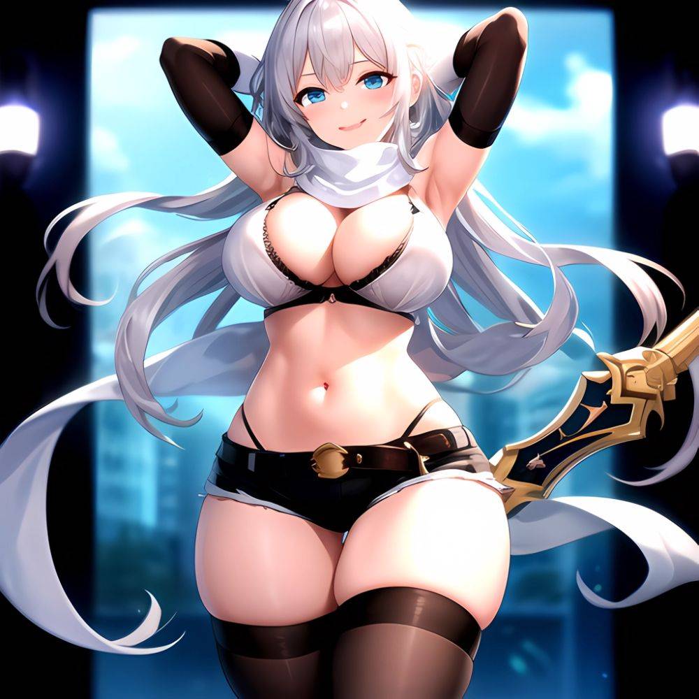 1girl Armpits Arms Behind Head Belt Black Bra Black Gloves Black Pantyhose Blue Eyes Blurry Blurry Background Bra Breasts Curvy, 2474892392 - AIHentai - #main