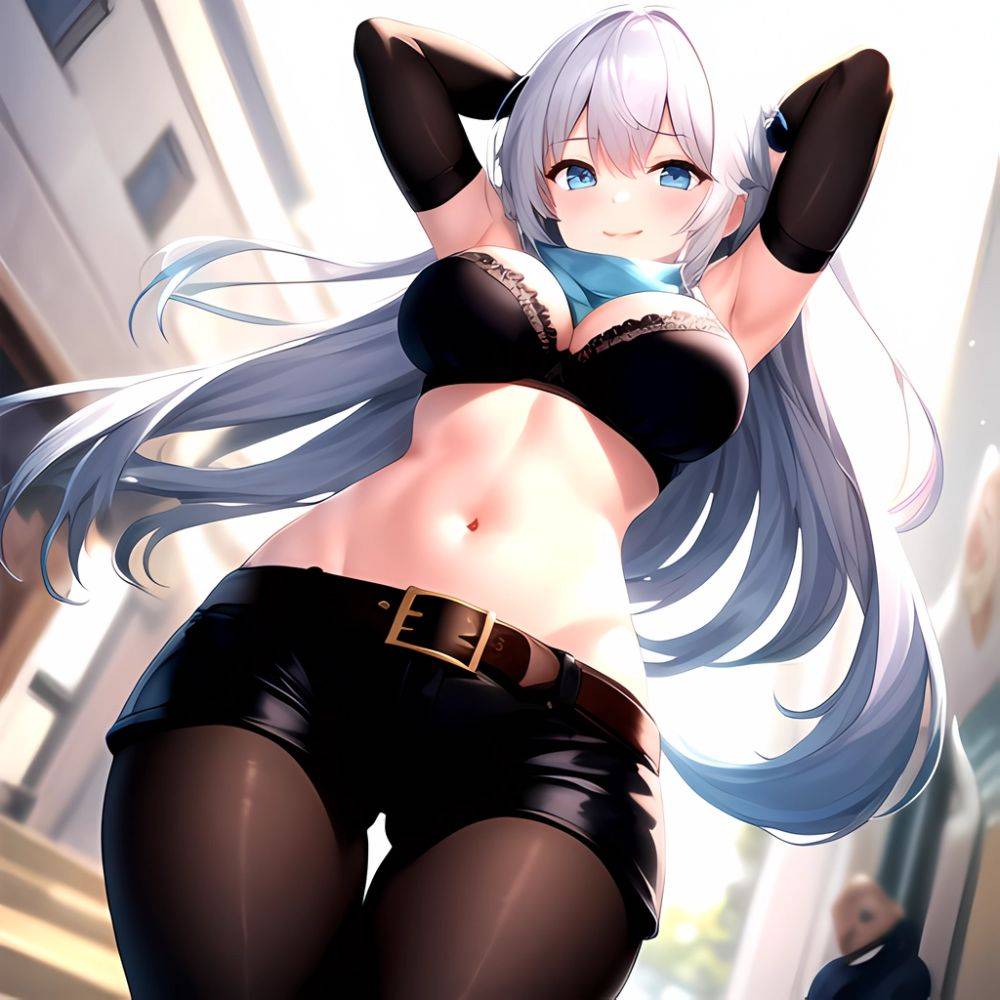 1girl Armpits Arms Behind Head Belt Black Bra Black Gloves Black Pantyhose Blue Eyes Blurry Blurry Background Bra Breasts Curvy, 683572382 - AIHentai - #main