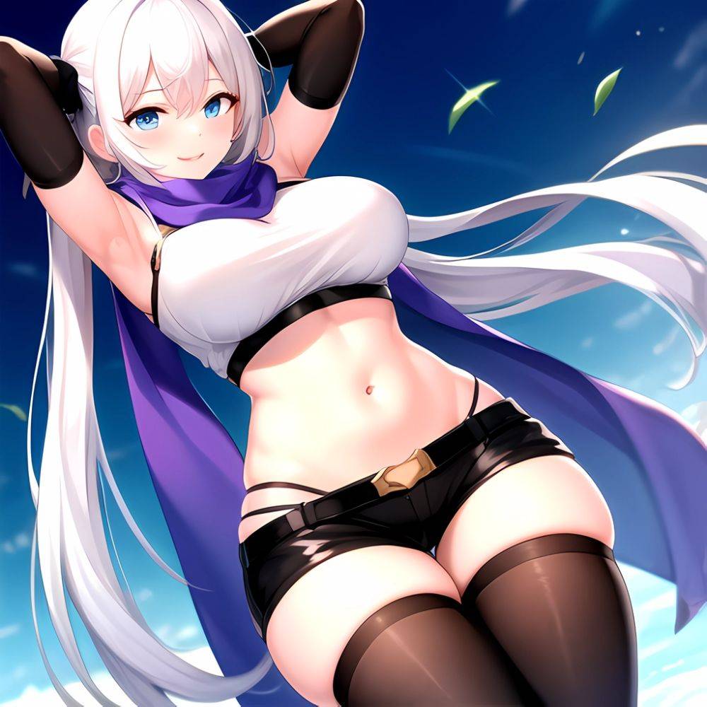 1girl Armpits Arms Behind Head Belt Black Bra Black Gloves Black Pantyhose Blue Eyes Blurry Blurry Background Bra Breasts Curvy, 552834714 - AIHentai - #main