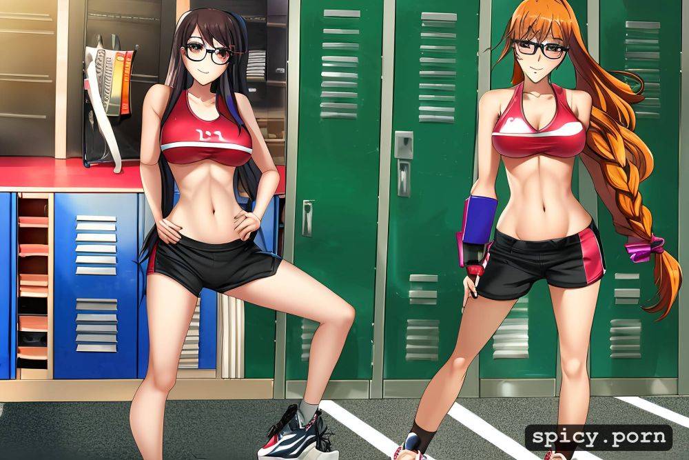 busty asian woman, sneakers, short, locker room, braid, large round glasses - #main