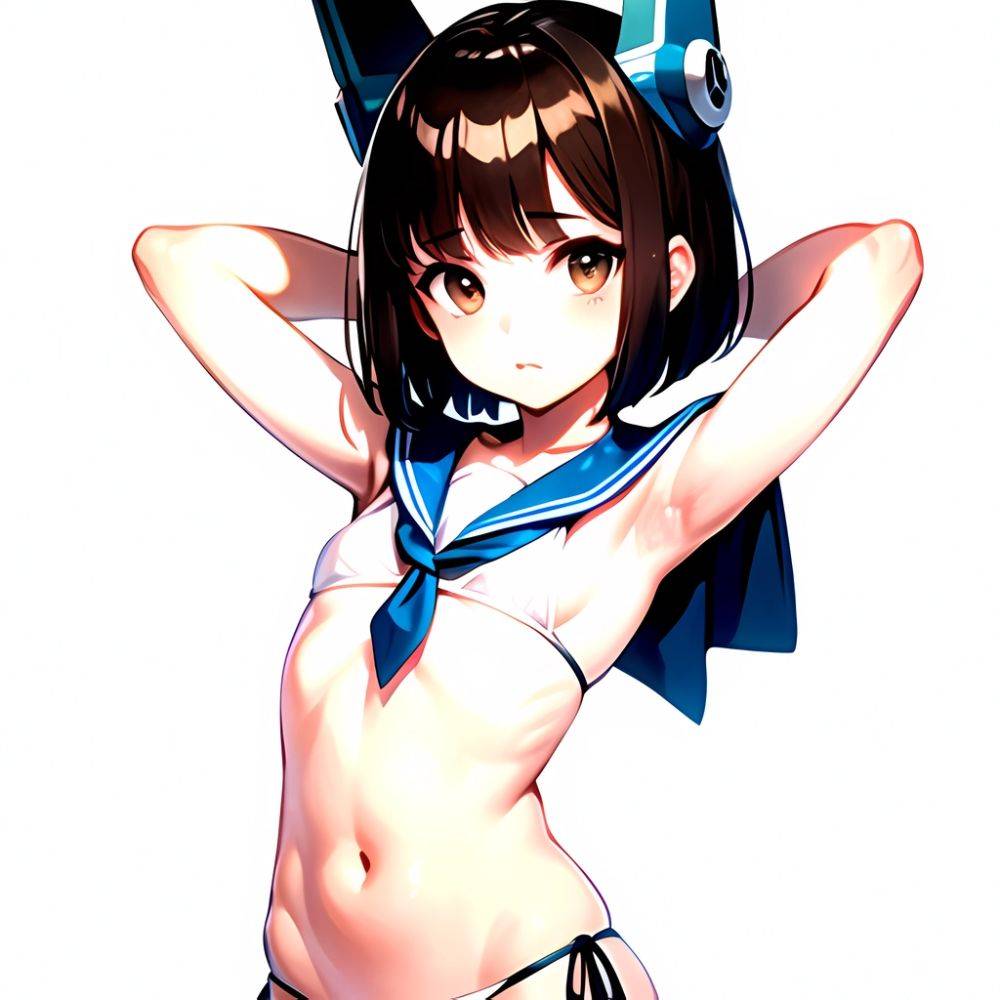 1girl Arms Up Arms Behind Head Bikini Bob Cut Brown Eyes Brown Hair Cosplay Cowboy Shot Flat Chest Headgear Inverted, 1130781852 - AIHentai - #main